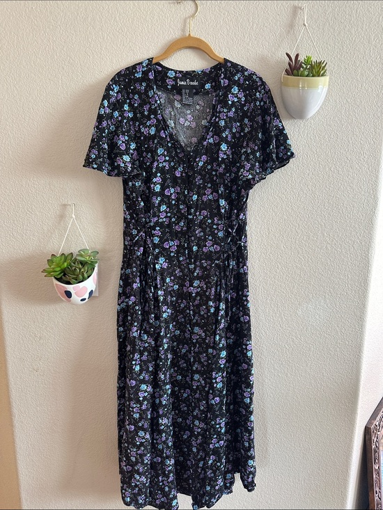 Vintage Dresses & Skirts - Vintage 90s Floral Flutter Sleeve Tie Waist Midi Rayon Dress 14 XL Large